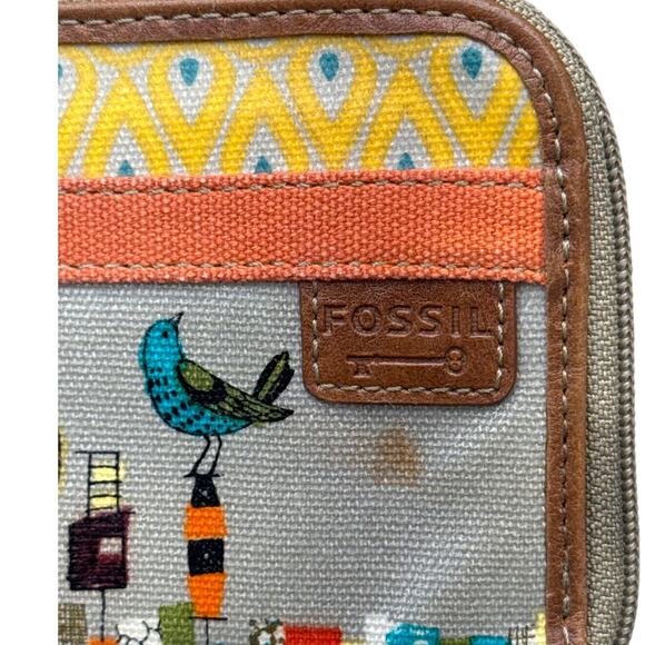 Fossil Key-Per Yellow Blue Bird Print Zip Around Wallet - Picture 2 of 6